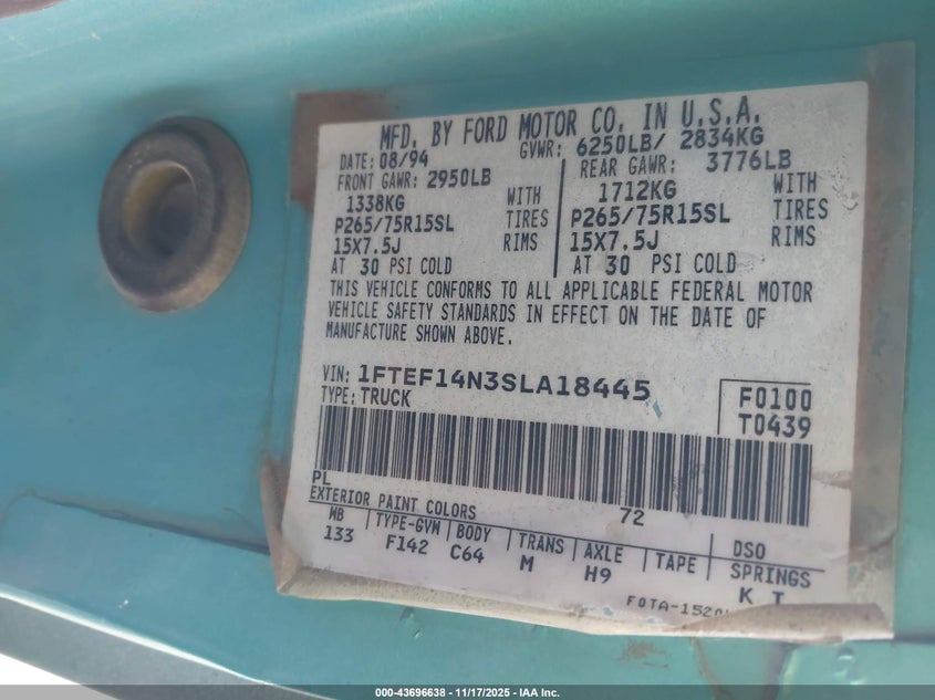 1995 Ford F150 VIN: 1FTEF14N3SLA18445 Lot: 43696638