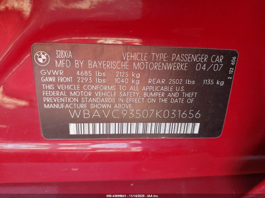 2007 BMW 328Xi VIN: WBAVC93507K031656 Lot: 43696641