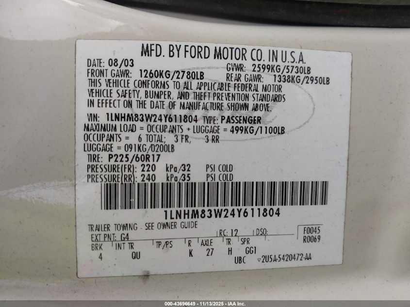 2004 Lincoln Town Car Ultimate VIN: 1LNHM83W24Y611804 Lot: 43696649