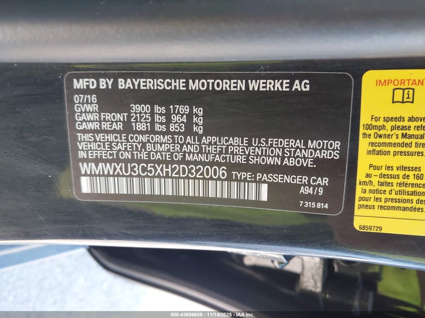 2017 Mini Hardtop Cooper S VIN: WMWXU3C5XH2D32006 Lot: 43696659