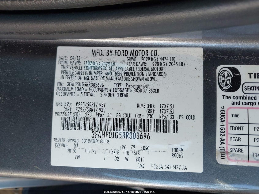 2011 Ford Fusion Sel VIN: 3FAHP0JG5BR303696 Lot: 43696674