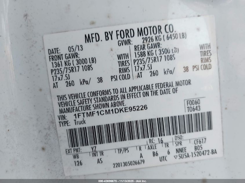 2013 Ford F-150 Xl VIN: 1FTMF1CM1DKE95226 Lot: 43696675