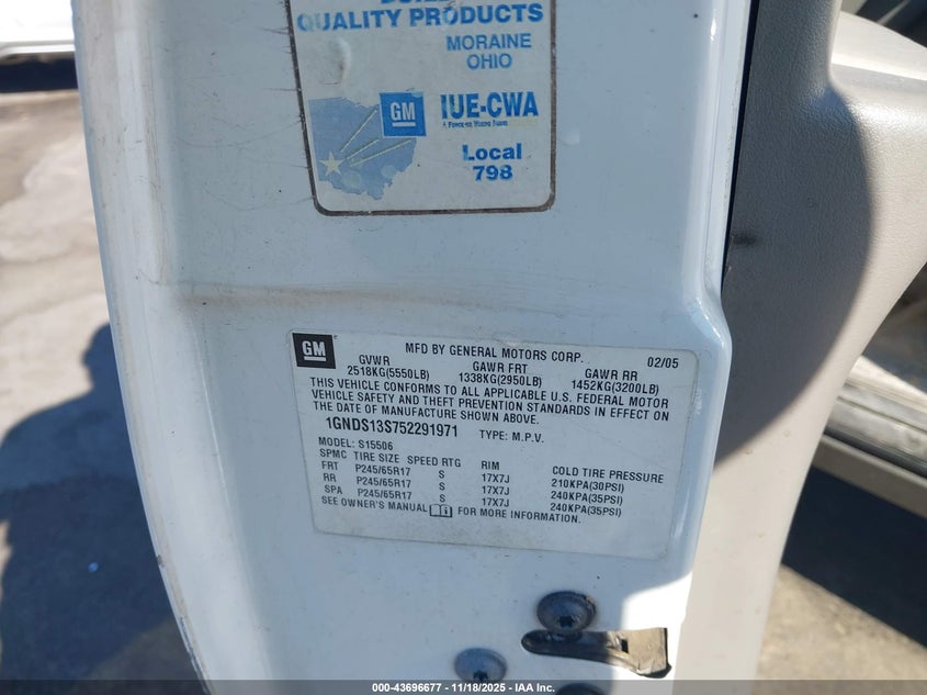 2005 Chevrolet Trailblazer Lt VIN: 1GNDS13S752291971 Lot: 43696677