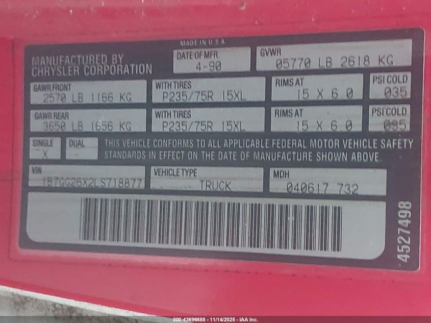 1990 Dodge Dakota VIN: 1B7GG26X2LS718877 Lot: 43696688