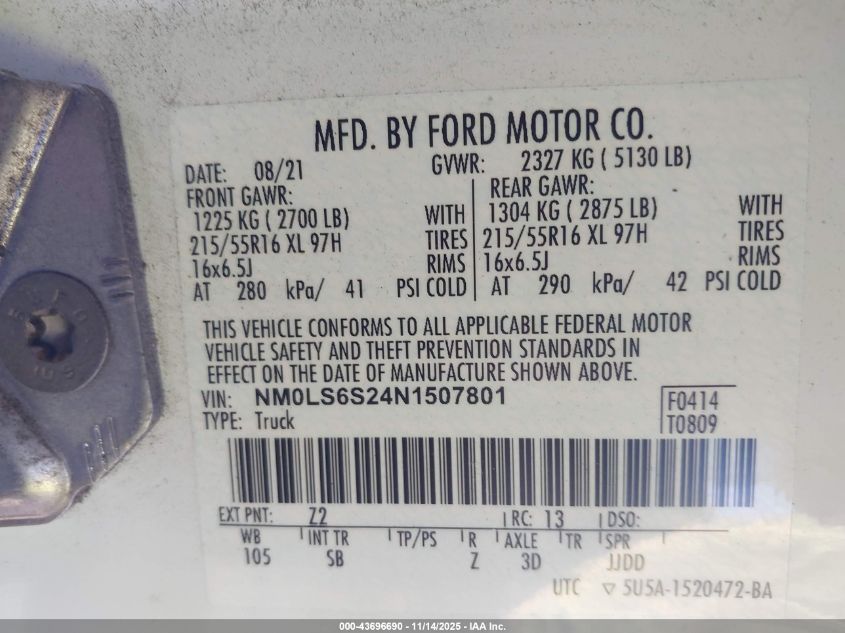 2022 Ford Transit Connect Xl VIN: NM0LS6S24N1507801 Lot: 43696690