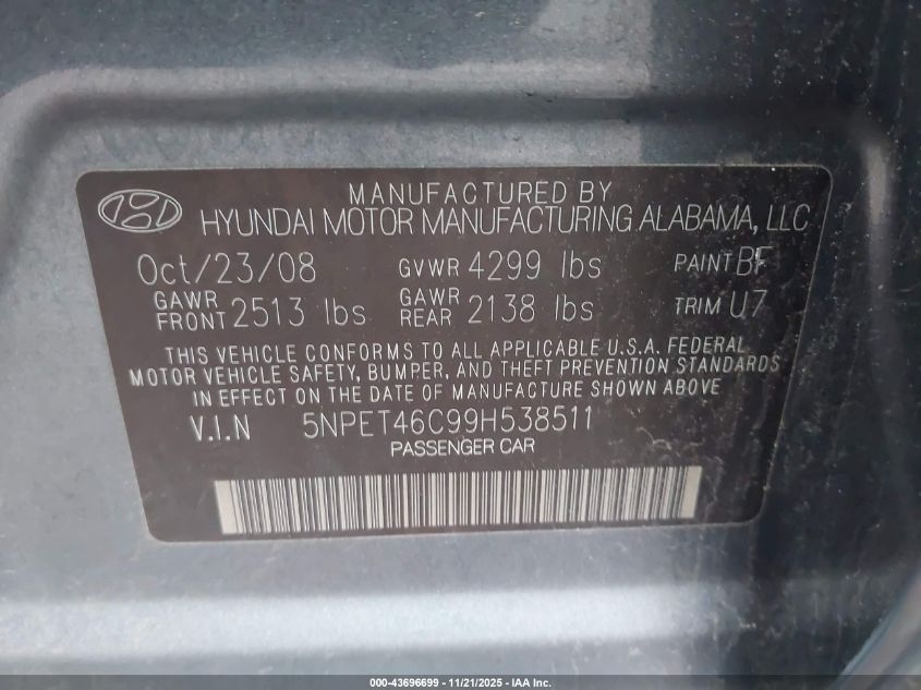 2009 Hyundai Sonata Gls VIN: 5NPET46C99H538511 Lot: 43696699