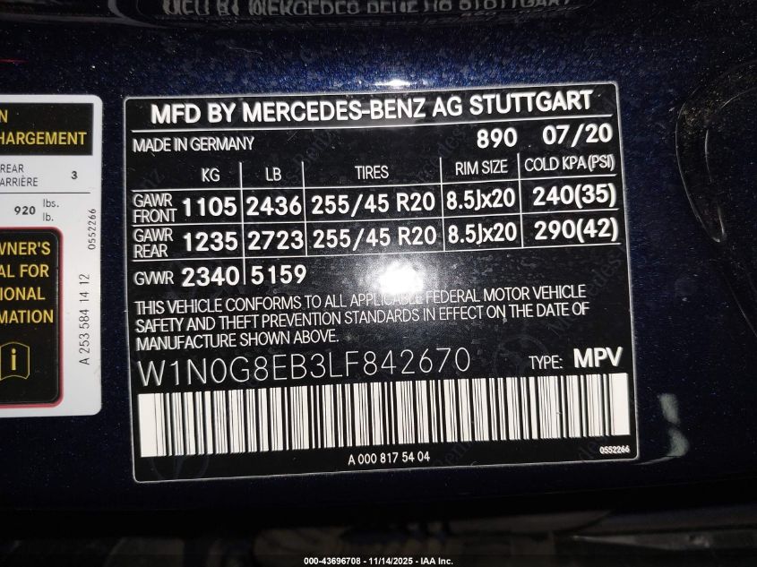 2020 Mercedes-Benz Glc 300 4Matic VIN: W1N0G8EB3LF842670 Lot: 43696708