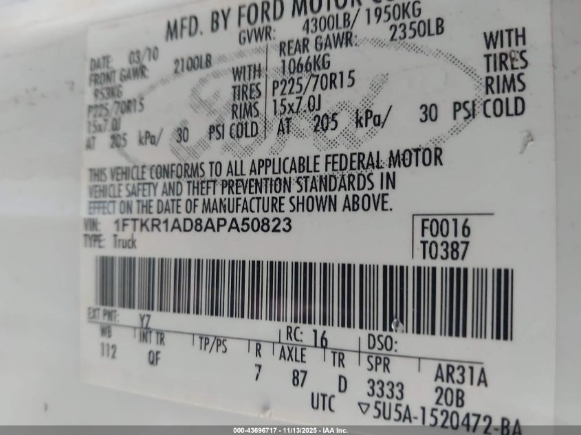 2010 Ford Ranger Xl/Xlt VIN: 1FTKR1AD8APA50823 Lot: 43696717
