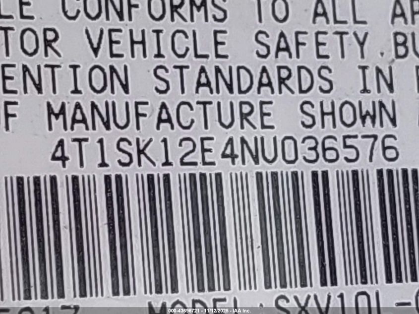 1992 Toyota Camry Le VIN: 4T1SK12E4NU036576 Lot: 43696721