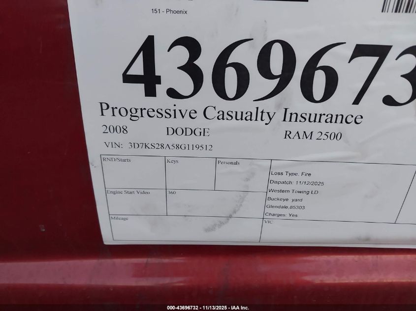 2008 Dodge Ram 2500 Slt/Power Wagon VIN: 3D7KS28A58G119512 Lot: 43696732