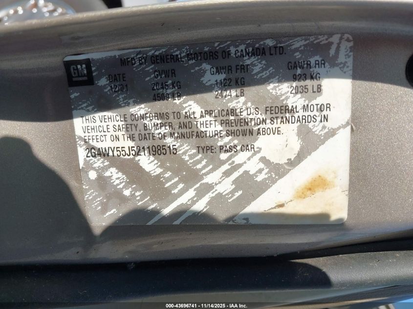 2002 Buick Century Limited VIN: 2G4WY55J521198515 Lot: 43696741