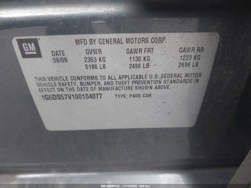 2009 Cadillac Cts Standard VIN: 1G6DS57V190104877 Lot: 43696742