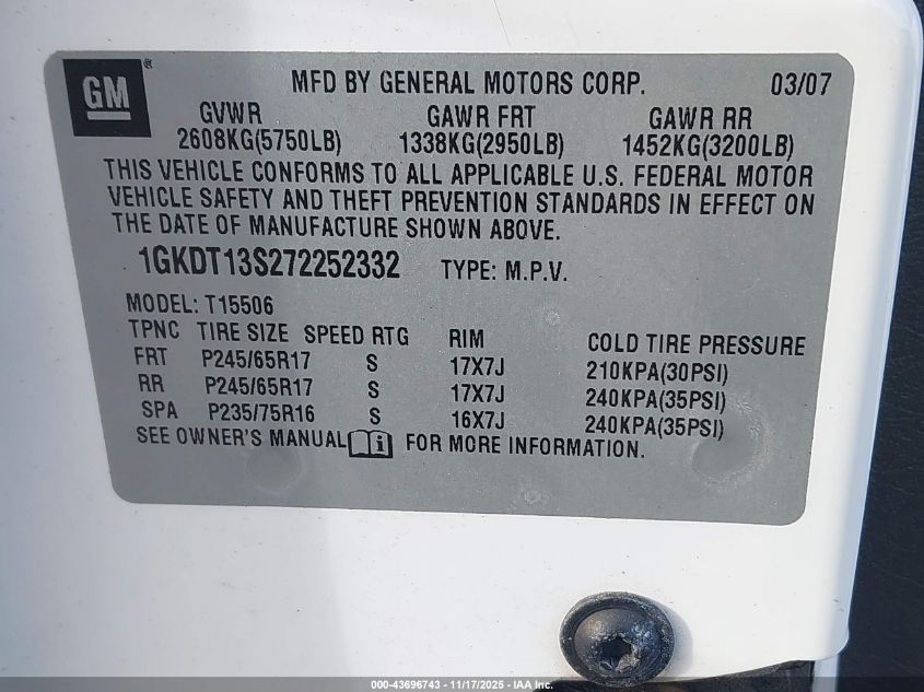 2007 GMC Envoy Sle VIN: 1GKDT13S272252332 Lot: 43696743