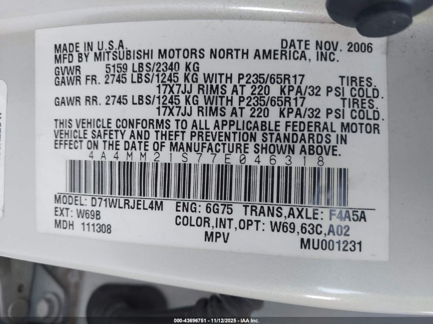 2007 Mitsubishi Endeavor Ls VIN: 4A4MM21S77E046318 Lot: 43696751
