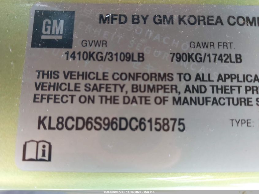 2013 Chevrolet Spark 1Lt Auto VIN: KL8CD6S96DC615875 Lot: 43696776