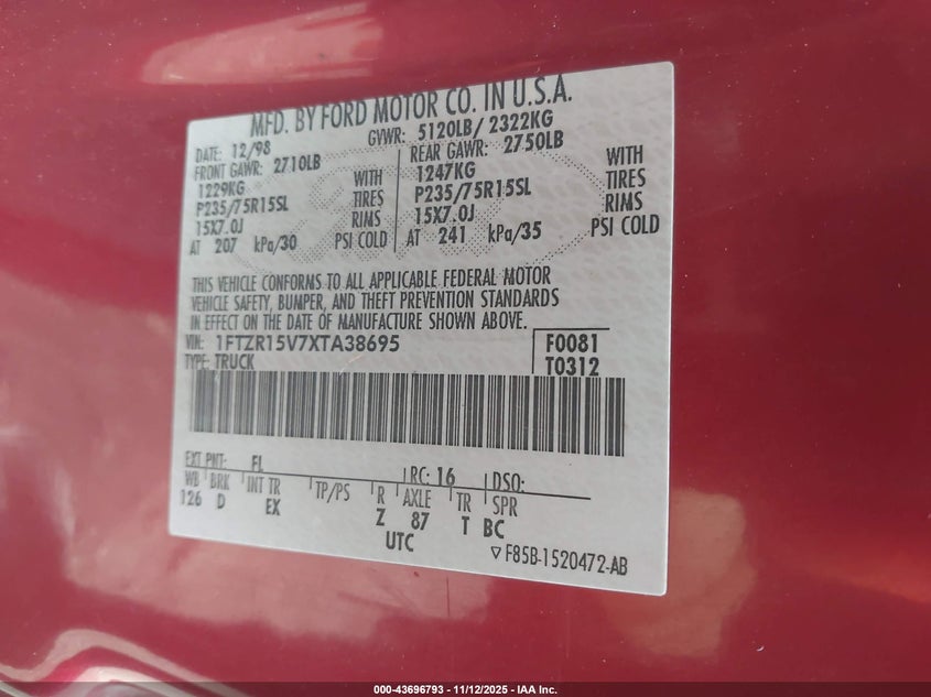 1999 Ford Ranger Xl/Xlt VIN: 1FTZR15V7XTA38695 Lot: 43696793