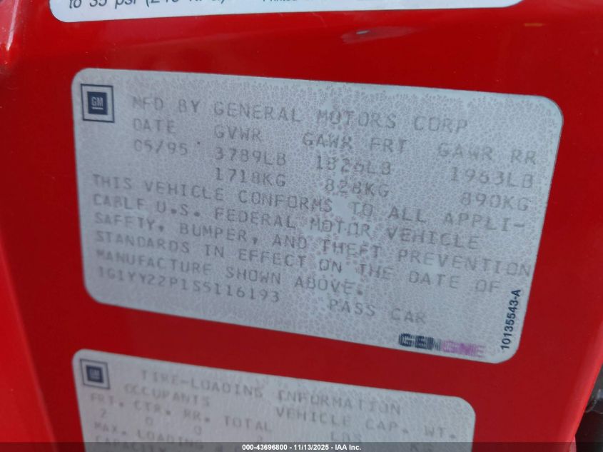 1995 Chevrolet Corvette VIN: 1G1YY22P1S5116193 Lot: 43696800