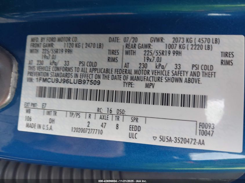 2020 Ford Escape Titanium VIN: 1FMCU9J96LUB97509 Lot: 43696804