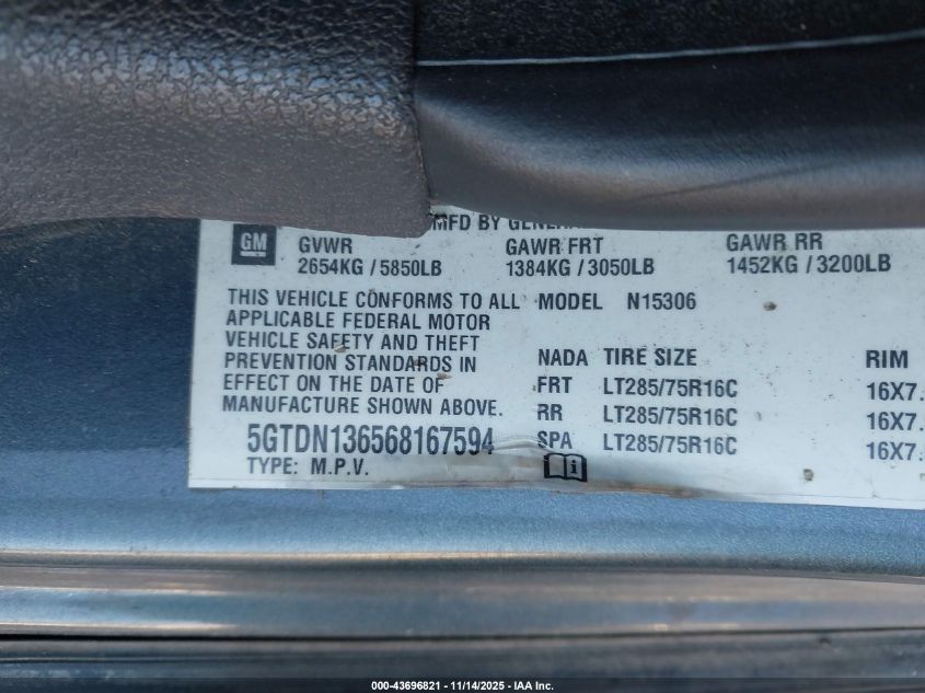 2006 Hummer H3 Suv VIN: 5GTDN136568167594 Lot: 43696821