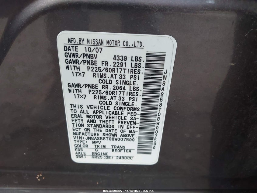 JN8AS58T08W007599 2008 NISSAN ROGUE photo no. 9