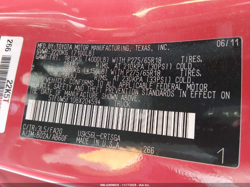 2011 Toyota Tundra Grade 5.7L V8 VIN: 5TFUW5F10BX204594 Lot: 43696830