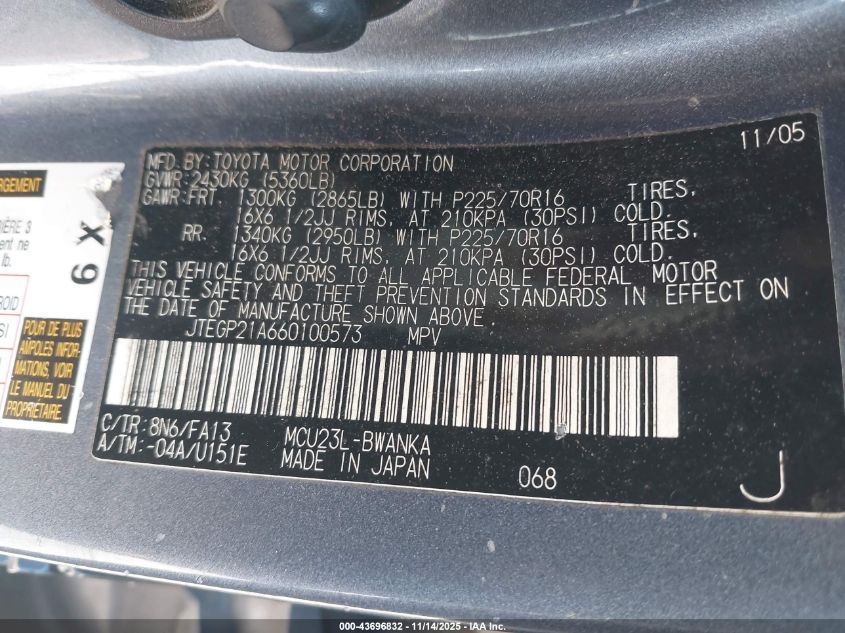 2006 Toyota Highlander V6 VIN: JTEGP21A660100573 Lot: 43696832