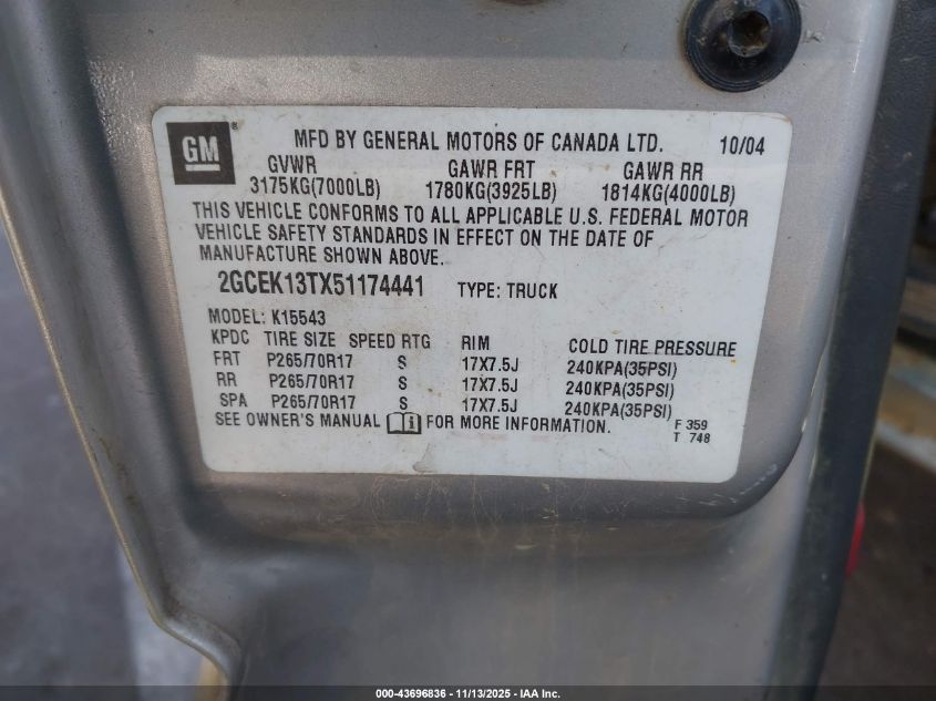 2005 Chevrolet Silverado 1500 Z71 VIN: 2GCEK13TX51174441 Lot: 43696836