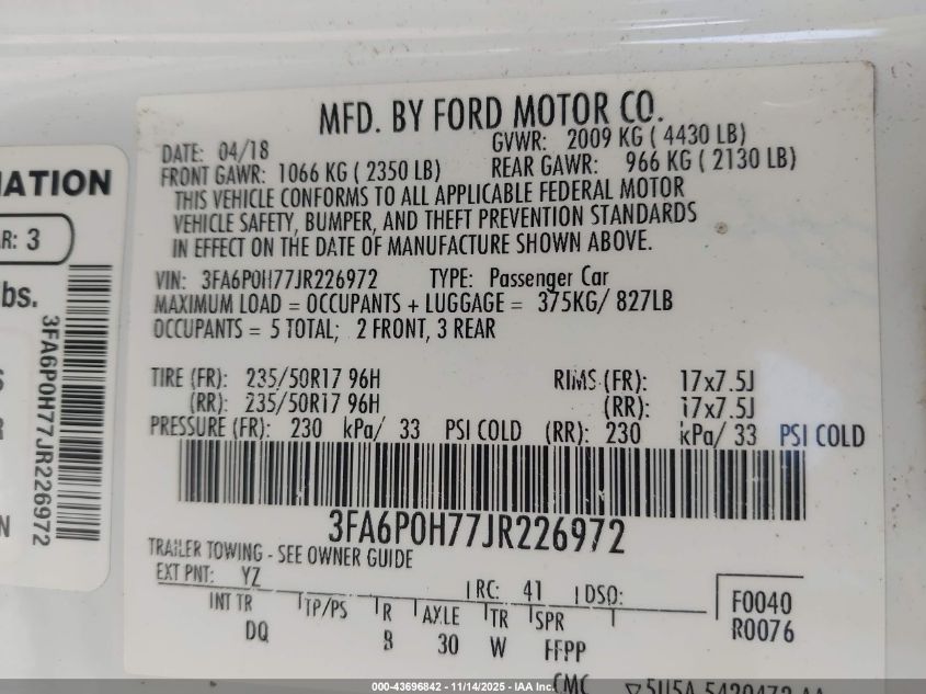 2018 Ford Fusion Se VIN: 3FA6P0H77JR226972 Lot: 43696842