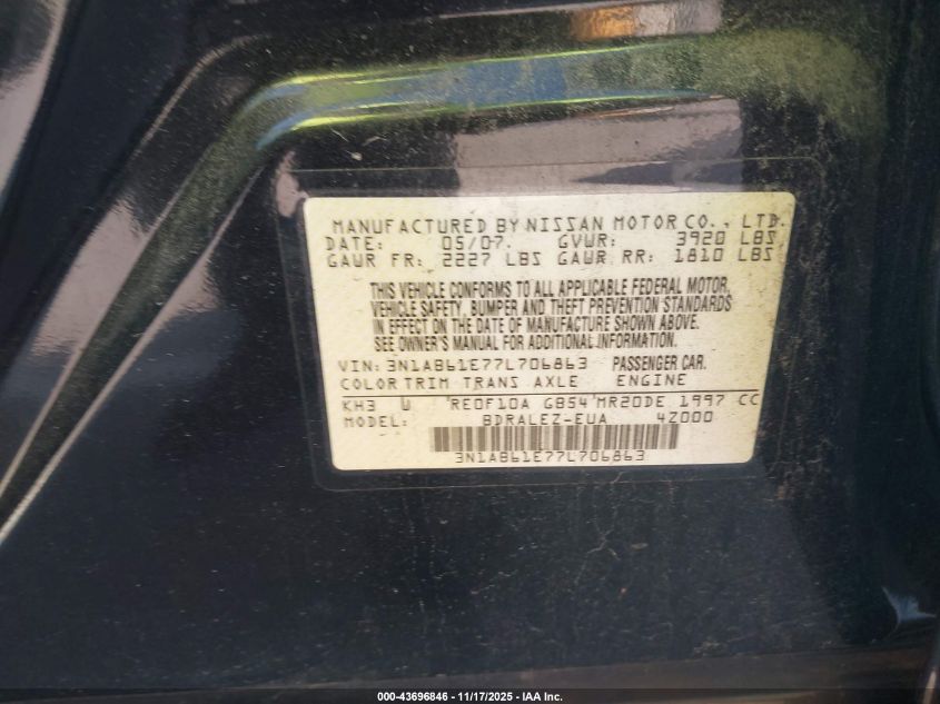 2007 Nissan Sentra 2.0S VIN: 3N1AB61E77L706863 Lot: 43696846