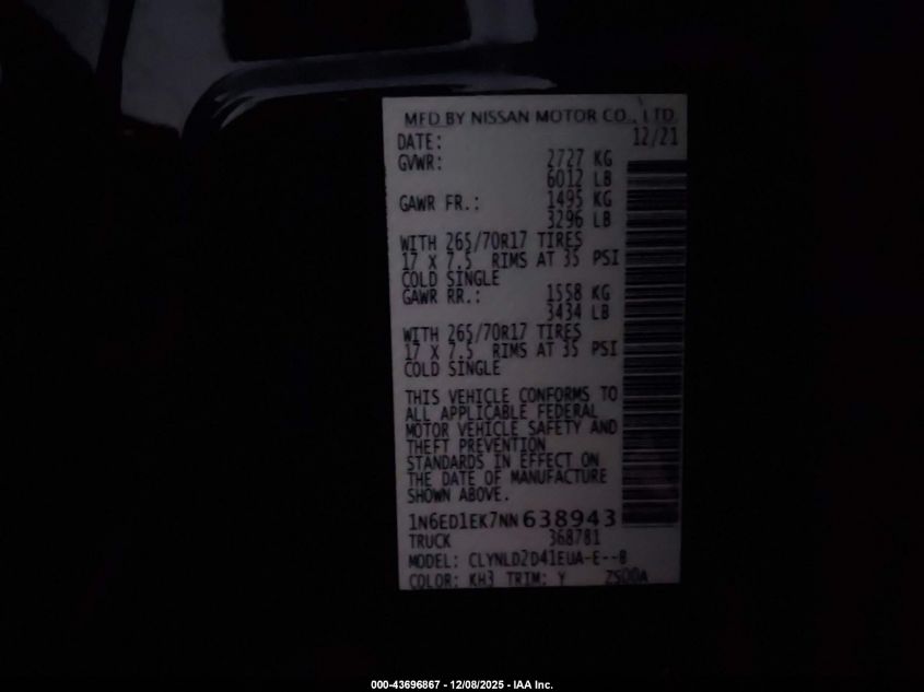 2022 Nissan Frontier Pro-4X 4X4 VIN: 1N6ED1EK7NN638943 Lot: 43696867