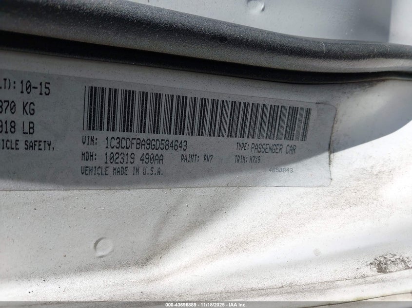 2016 Dodge Dart Sxt VIN: 1C3CDFBA9GD584643 Lot: 43696889