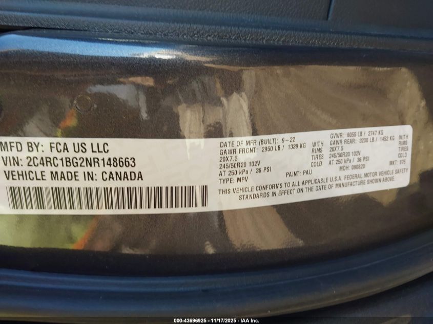 2022 Chrysler Pacifica Touring L VIN: 2C4RC1BG2NR148663 Lot: 43696925