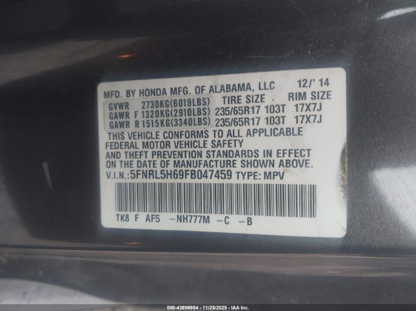 2015 Honda Odyssey Ex-L VIN: 5FNRL5H69FB047459 Lot: 43696954