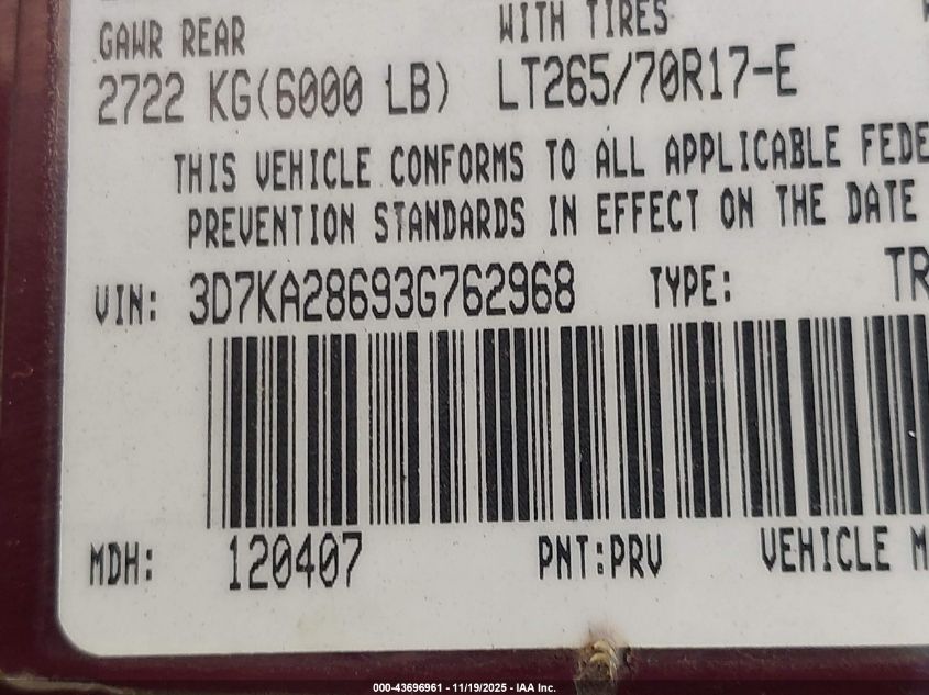2003 Dodge Ram 2500 Slt/Laramie/St VIN: 3D7KA28693G762968 Lot: 43696961