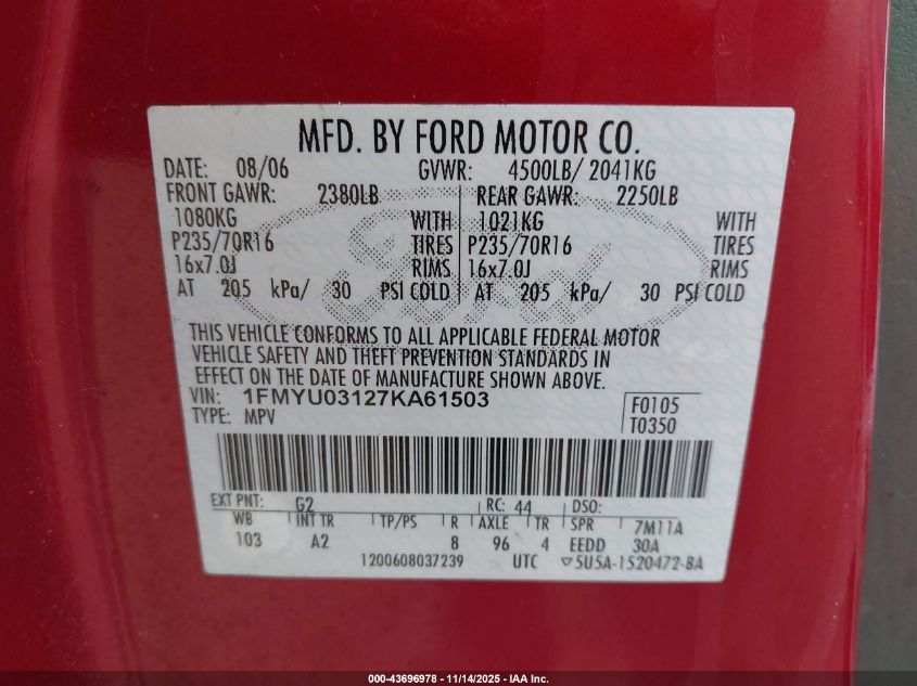 2007 Ford Escape Xlt/Xlt Sport VIN: 1FMYU03127KA61503 Lot: 43696978