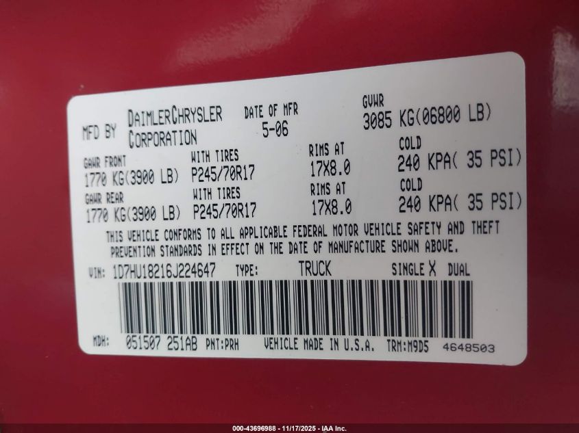 2006 Dodge Ram 1500 Slt VIN: 1D7HU18216J224647 Lot: 43696988