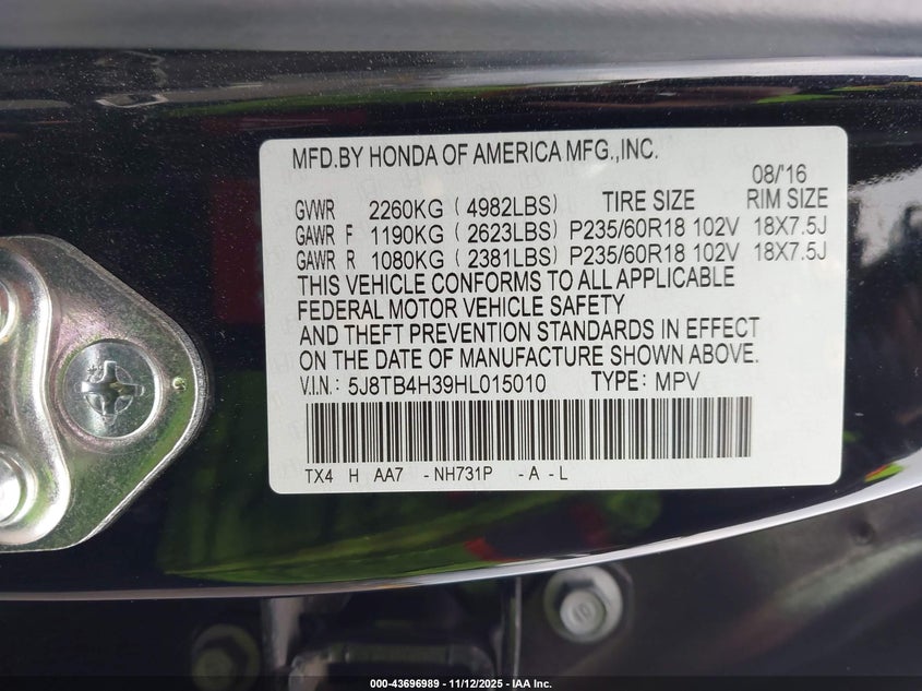 2017 Acura Rdx Acurawatch Plus Package VIN: 5J8TB4H39HL015010 Lot: 43696989