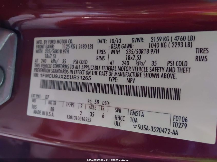 2014 Ford Escape Titanium VIN: 1FMCU9JX2EUB31265 Lot: 43696996