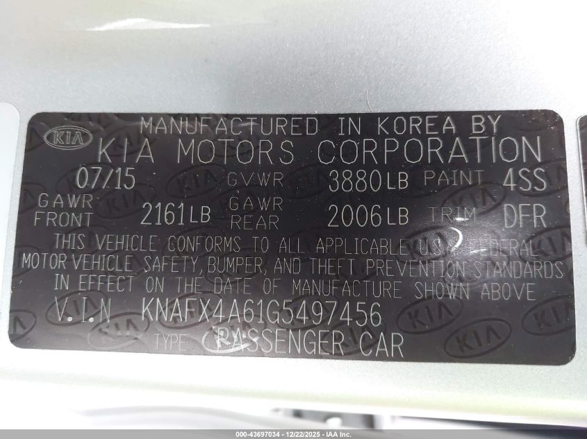 2016 Kia Forte Lx VIN: KNAFX4A61G5497456 Lot: 43697034