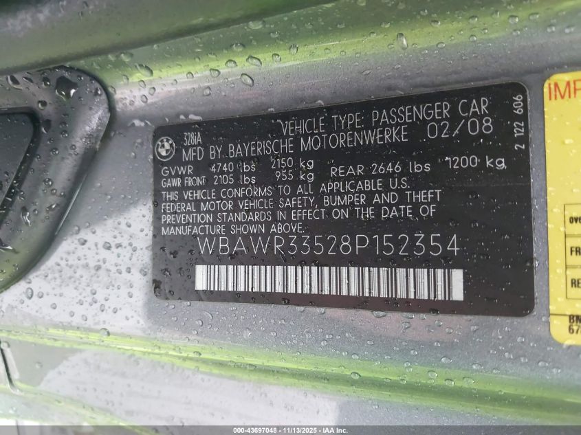 2008 BMW 328I VIN: WBAWR33528P152354 Lot: 43697048