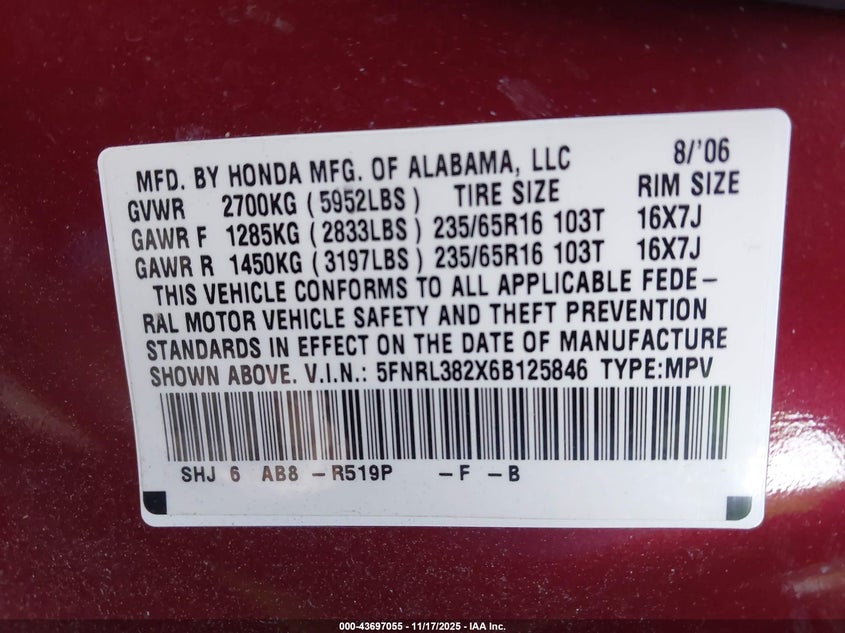 5FNRL382X6B125846 2006 HONDA ODYSSEY photo no. 9