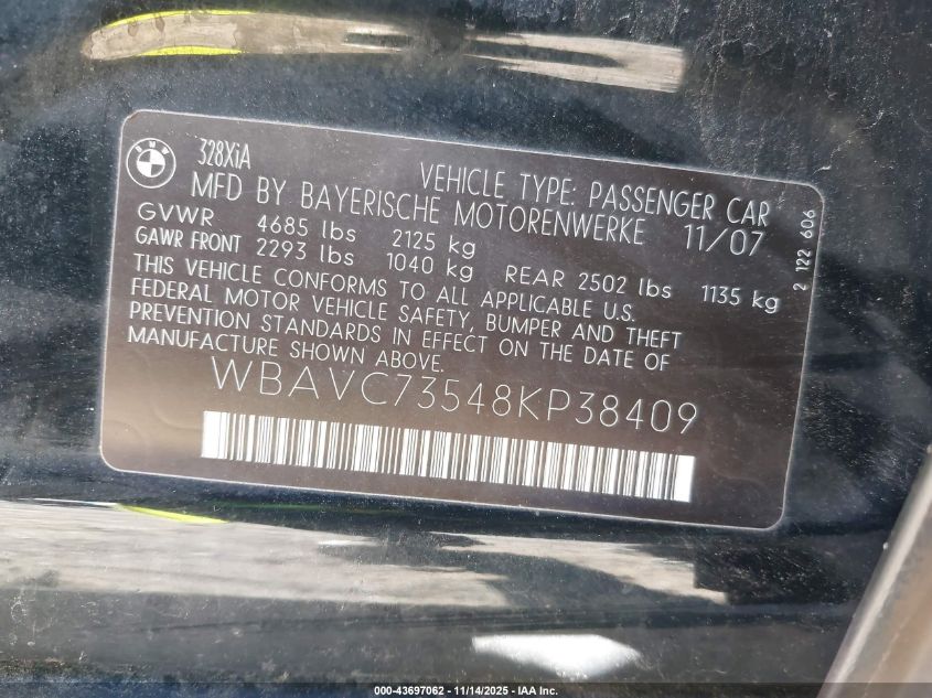 2008 BMW 328Xi VIN: WBAVC73548KP38409 Lot: 43697062