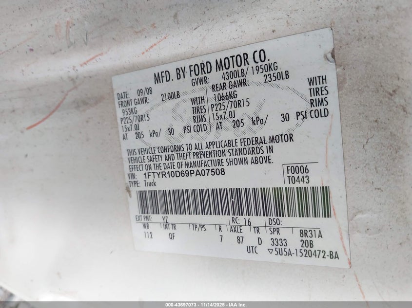 2009 Ford Ranger Sport/Xl/Xlt VIN: 1FTYR10D69PA07508 Lot: 43697073