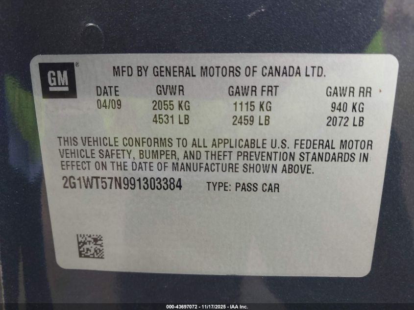 2009 Chevrolet Impala Lt VIN: 2G1WT57N991303384 Lot: 43697072