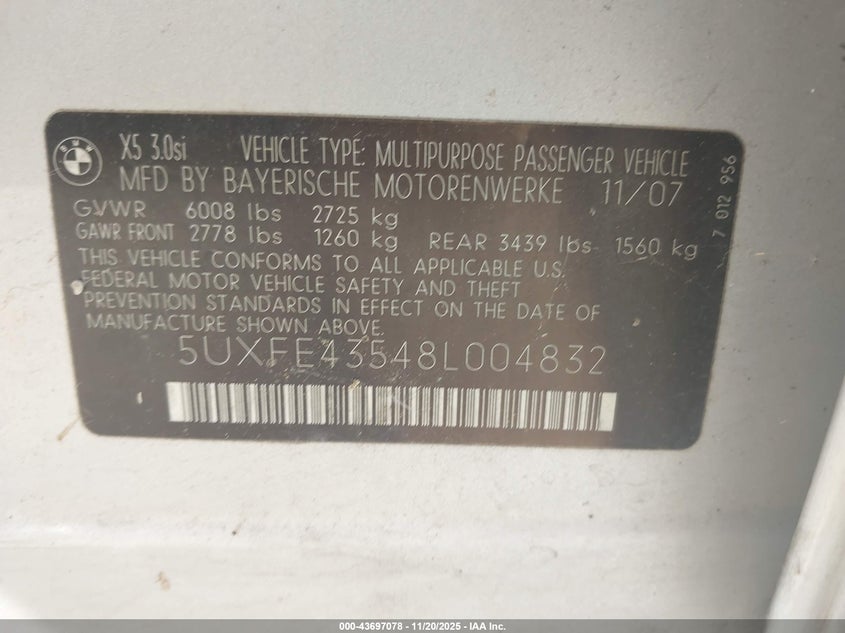 2008 BMW X5 3.0Si VIN: 5UXFE43548L004832 Lot: 43697078