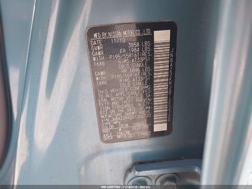 2011 Nissan Cube Base VIN: JN8AZ2KR2BT202720 Lot: 43697090