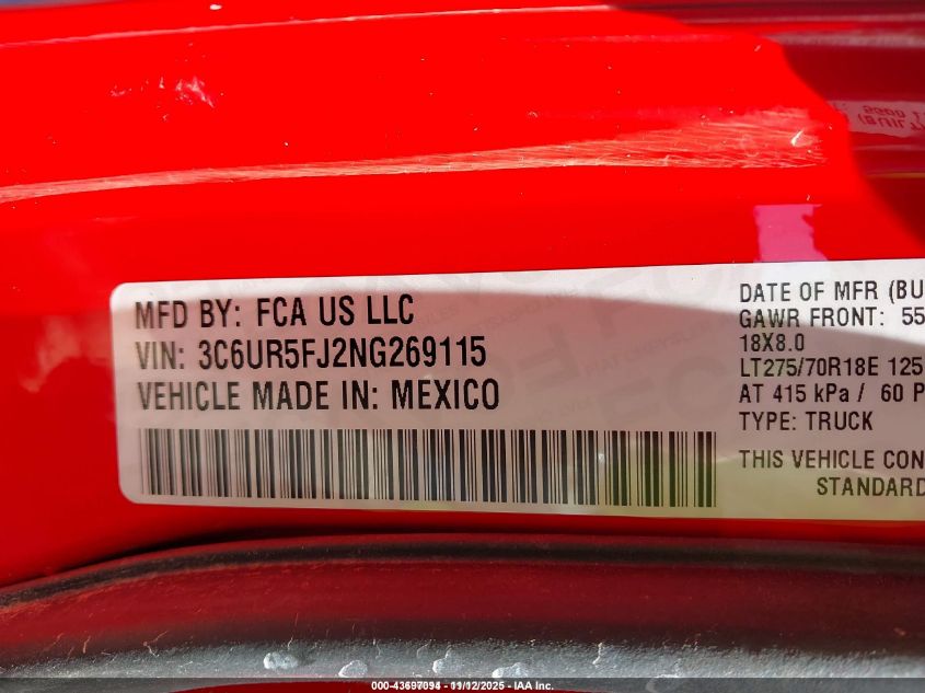 2022 Ram 2500 Laramie 4X4 6'4 Box VIN: 3C6UR5FJ2NG269115 Lot: 43697094