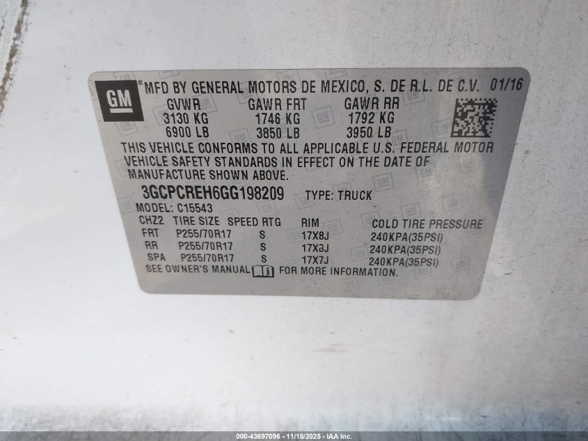 2016 Chevrolet Silverado 1500 1Lt VIN: 3GCPCREH6GG198209 Lot: 43697096