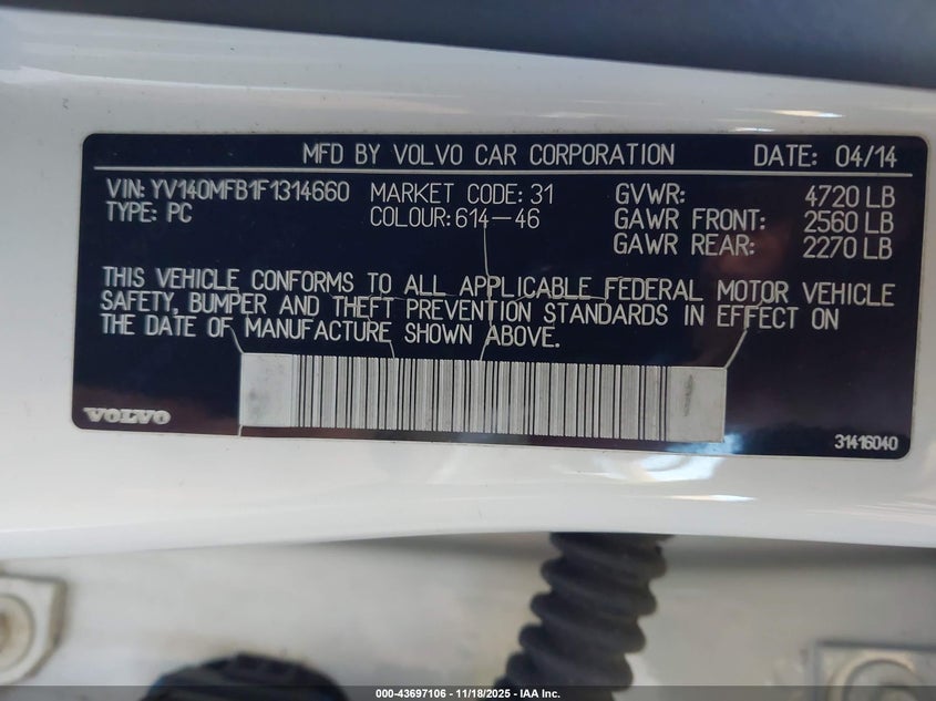 2015 Volvo S60 T5 Premier VIN: YV140MFB1F1314660 Lot: 43697106