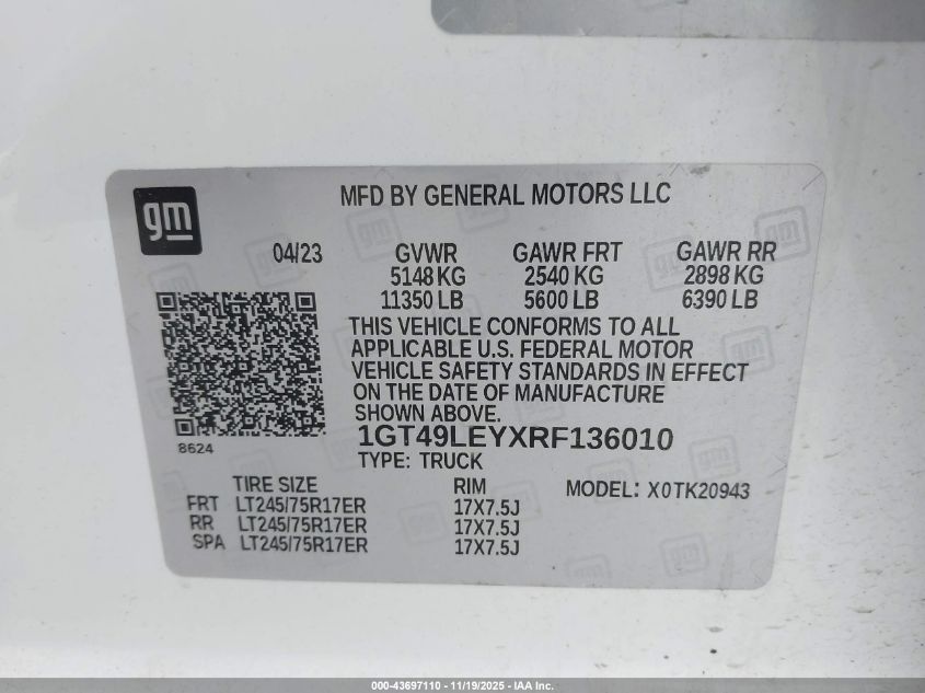 2024 GMC Sierra 2500Hd 4Wd Long Bed Pro VIN: 1GT49LEYXRF136010 Lot: 43697110